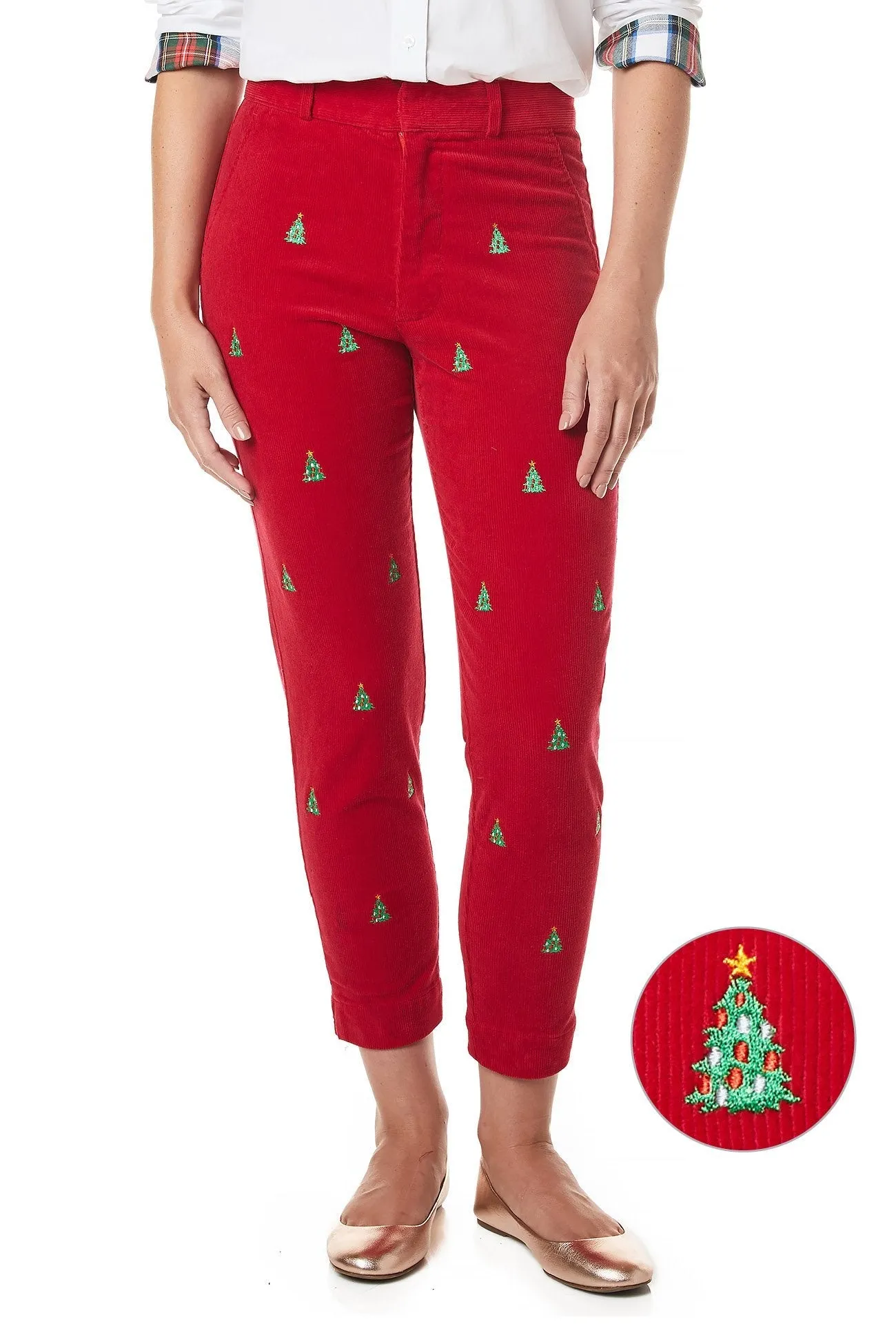 Beachcomber Stretch Corduroy Ankle Capri Crimson with Christmas Tree