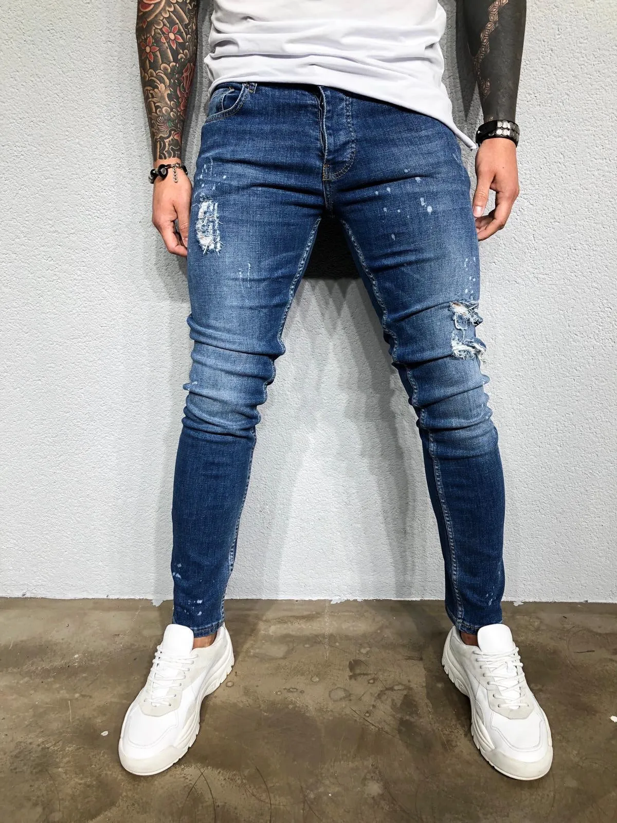 Blue Washed Distressed Ultra Skinny Denim BL419 Streetwear Jeans