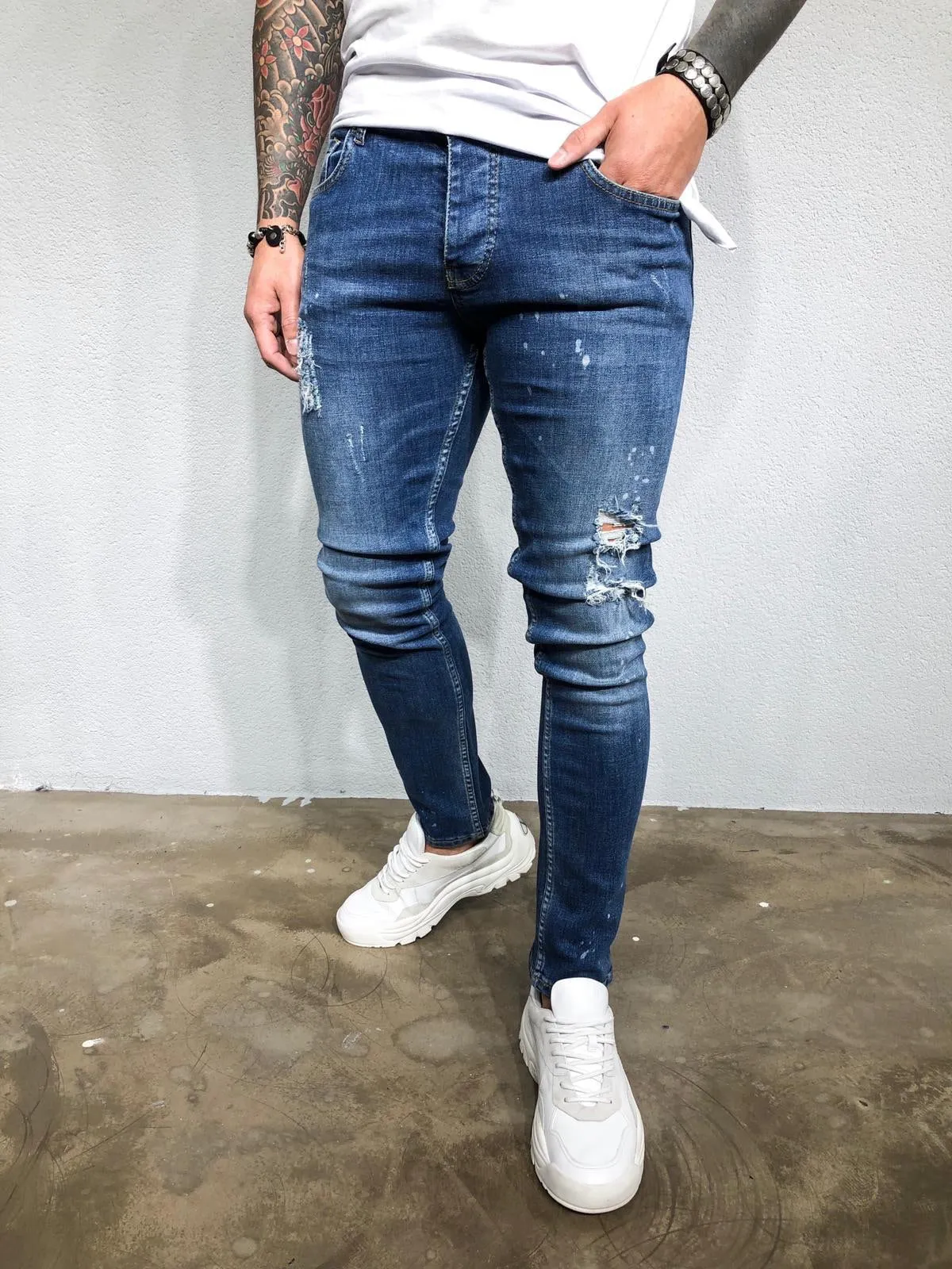 Blue Washed Distressed Ultra Skinny Denim BL419 Streetwear Jeans