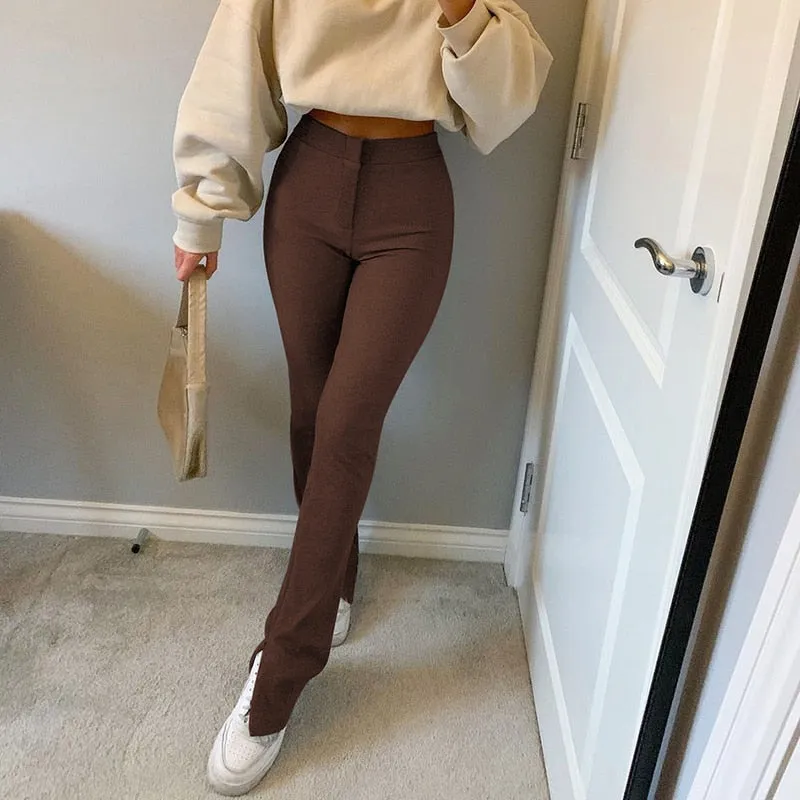 Casual Skinny Elastic High Waist Stretchy Sports Sweatpants Women Trousers Slit Fashion Flared Leggings Joggers