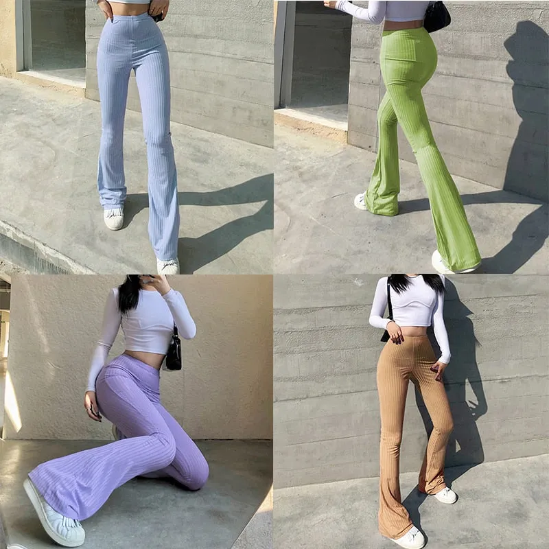 Casual Skinny Elastic High Waist Stretchy Sports Sweatpants Women Trousers Slit Fashion Flared Leggings Joggers