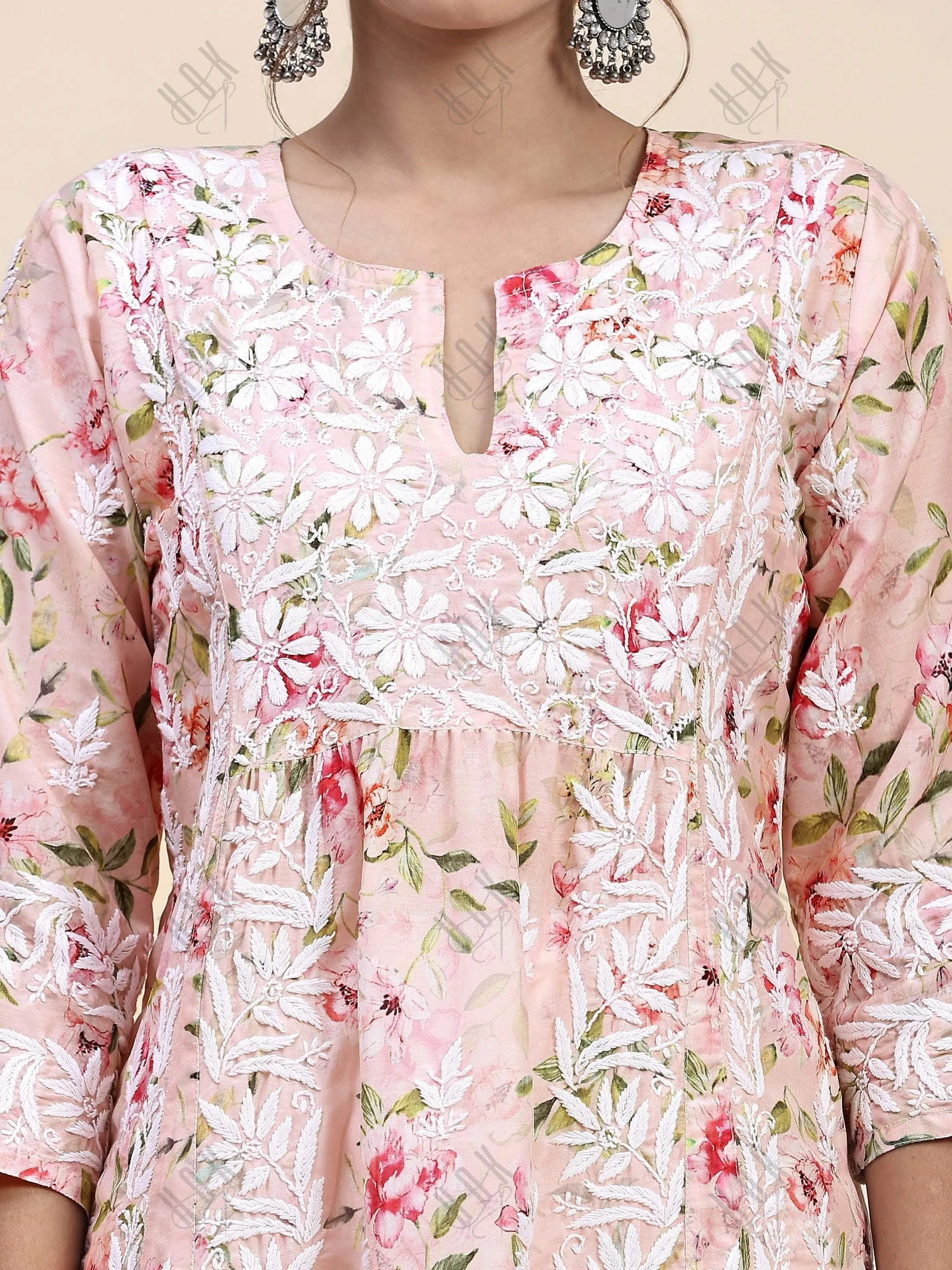 Farheen in Chikankari Long Kurta in Muslin Cotton for Women- Pink Print