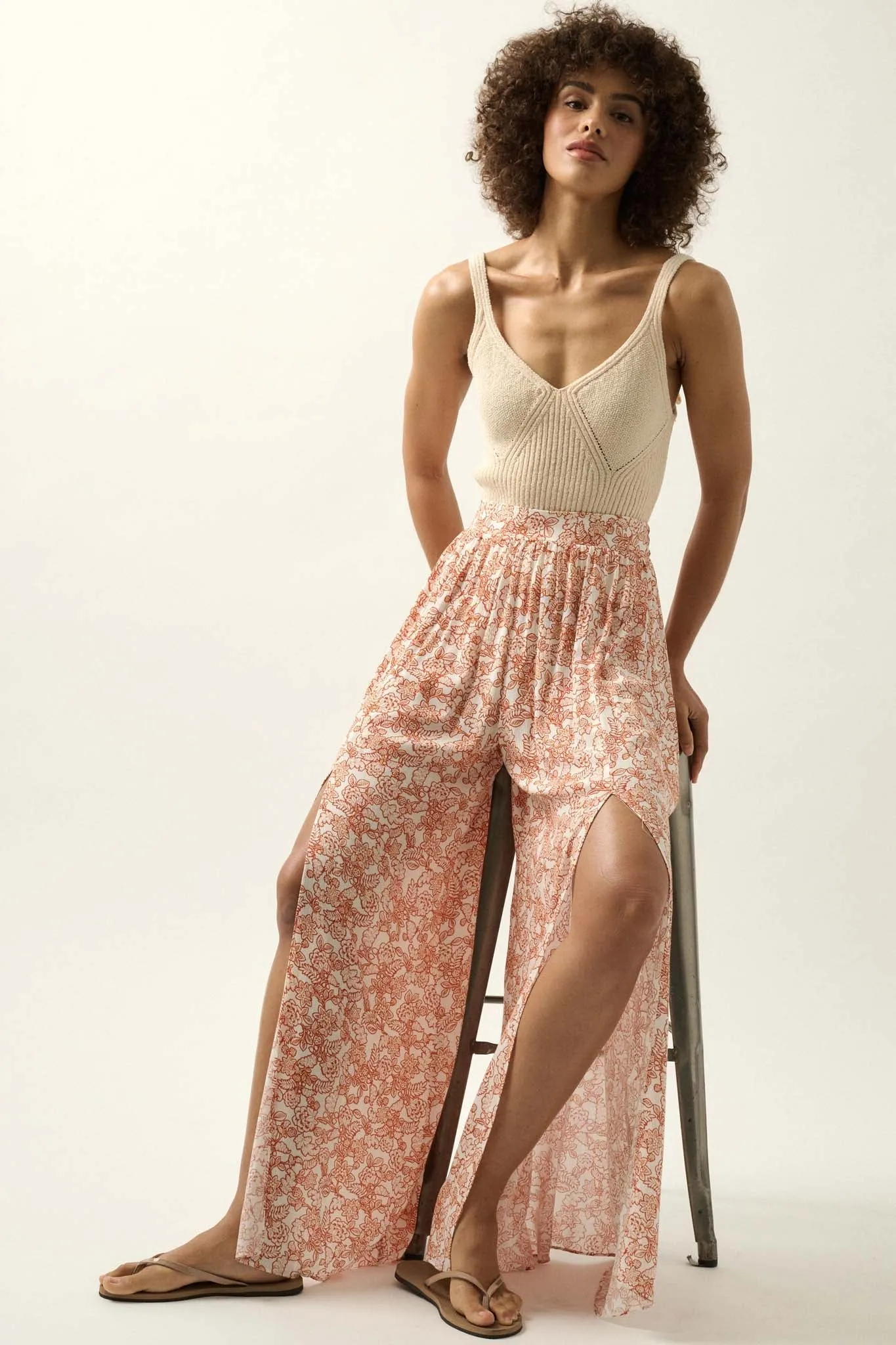 Fascinating Flowers Floral Split-Leg Palazzo Pants