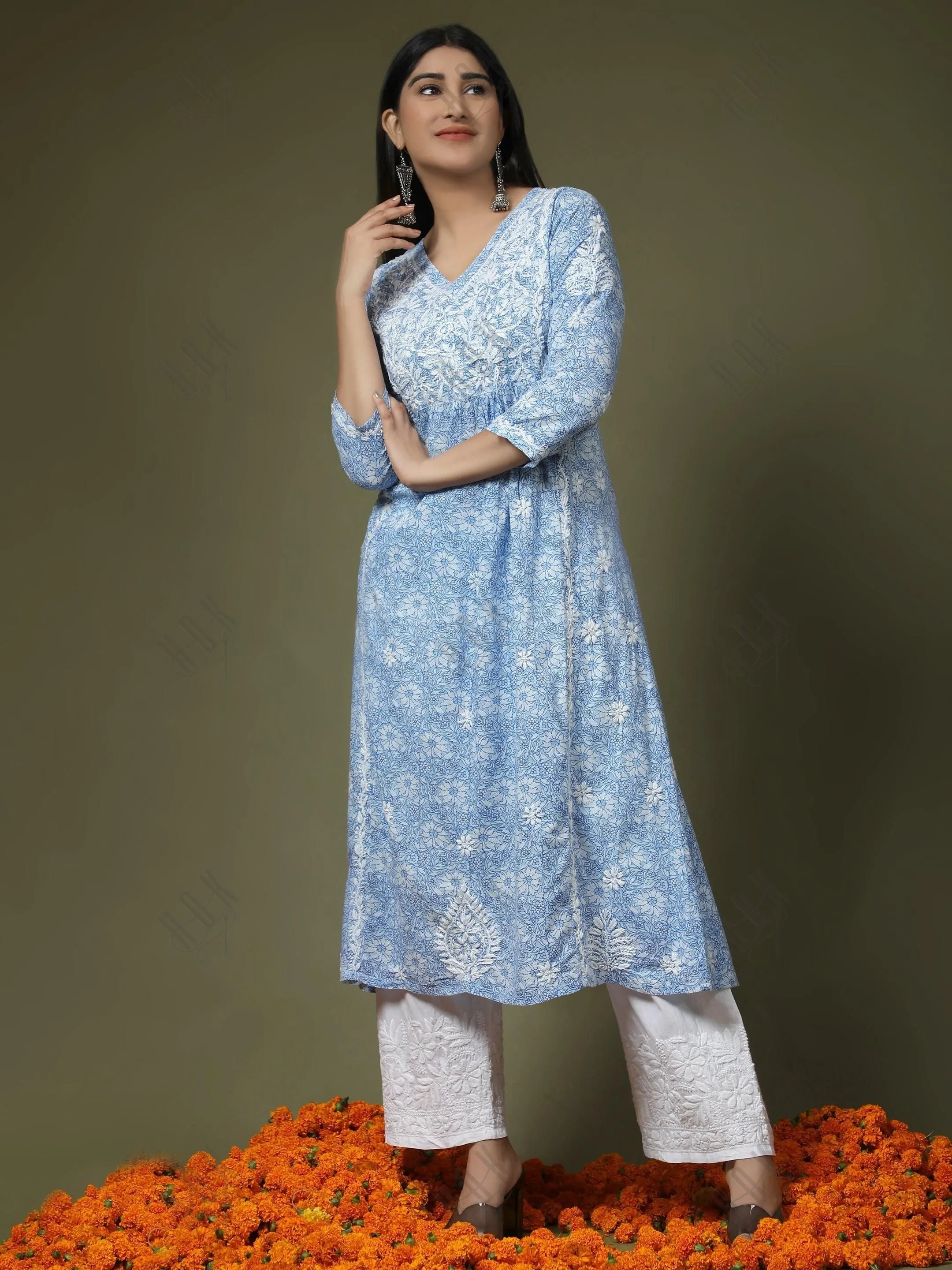 Hand embroidery Chikankari V neck Anarkali Dress | Long Kurti in Cotton For Women