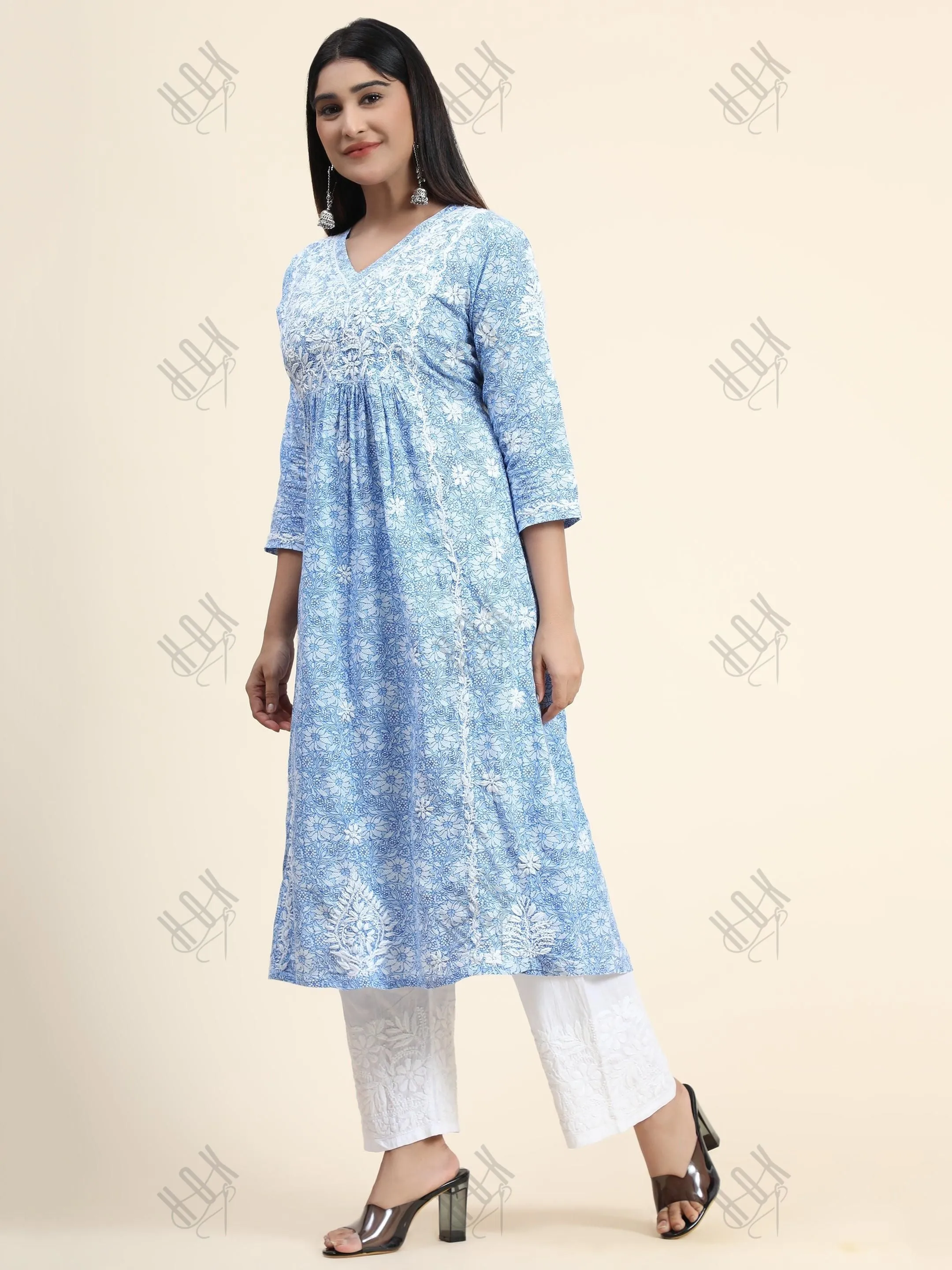 Hand embroidery Chikankari V neck Anarkali Dress | Long Kurti in Cotton For Women