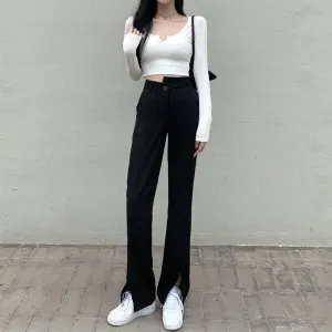 Irregular High-Waist Straight-Leg Split Trousers