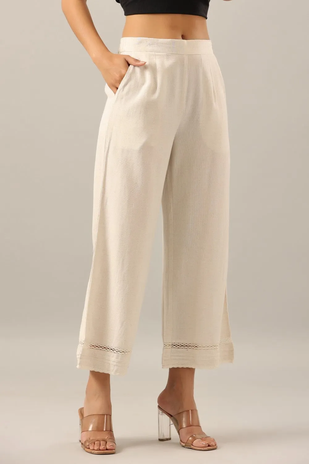 Juniper Women Off-White Rayon Flax Solid Palazzo