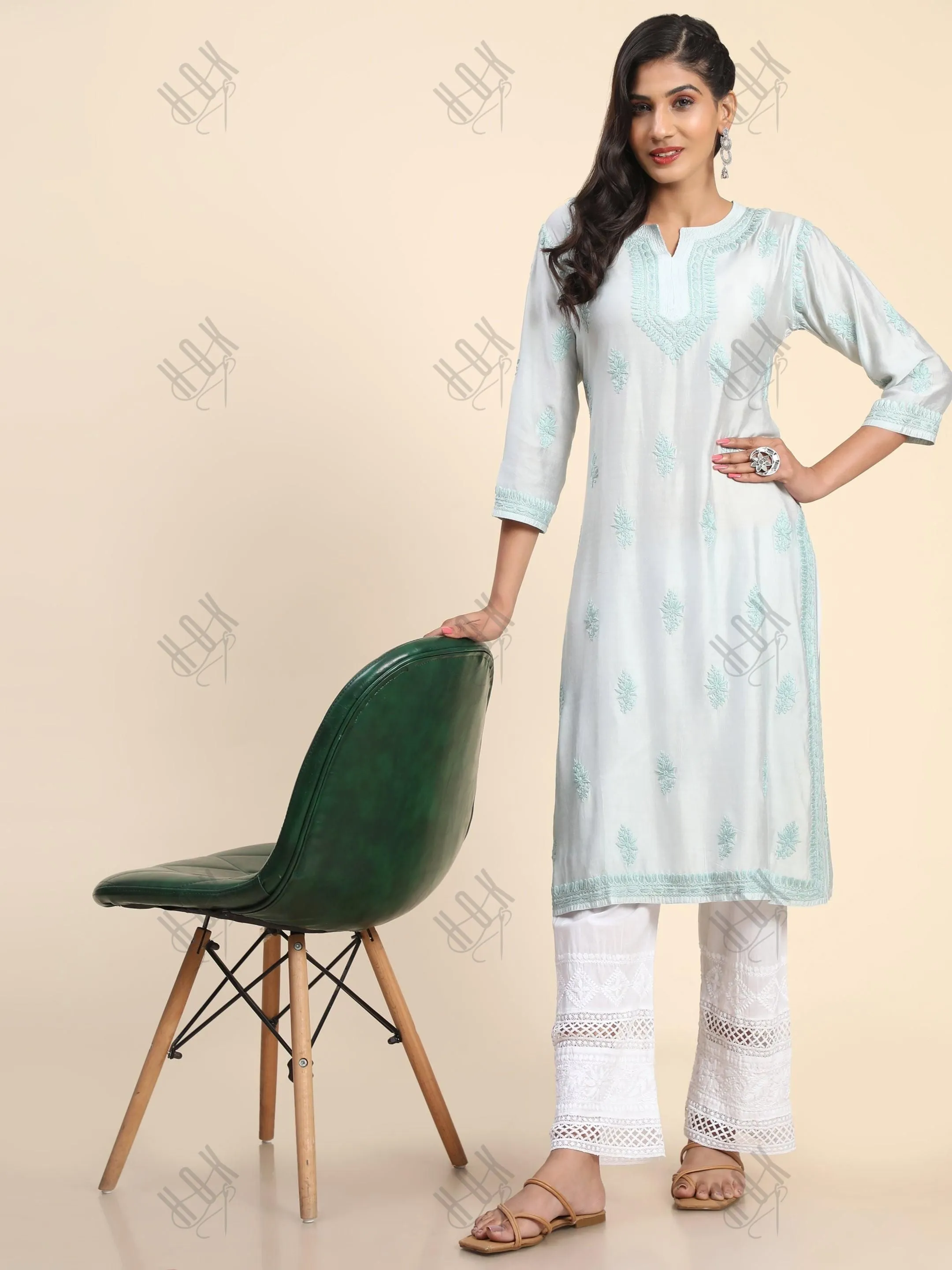 Komal in Noor HOK Hand Embroidery Chanderi Silk Turquoise Blue