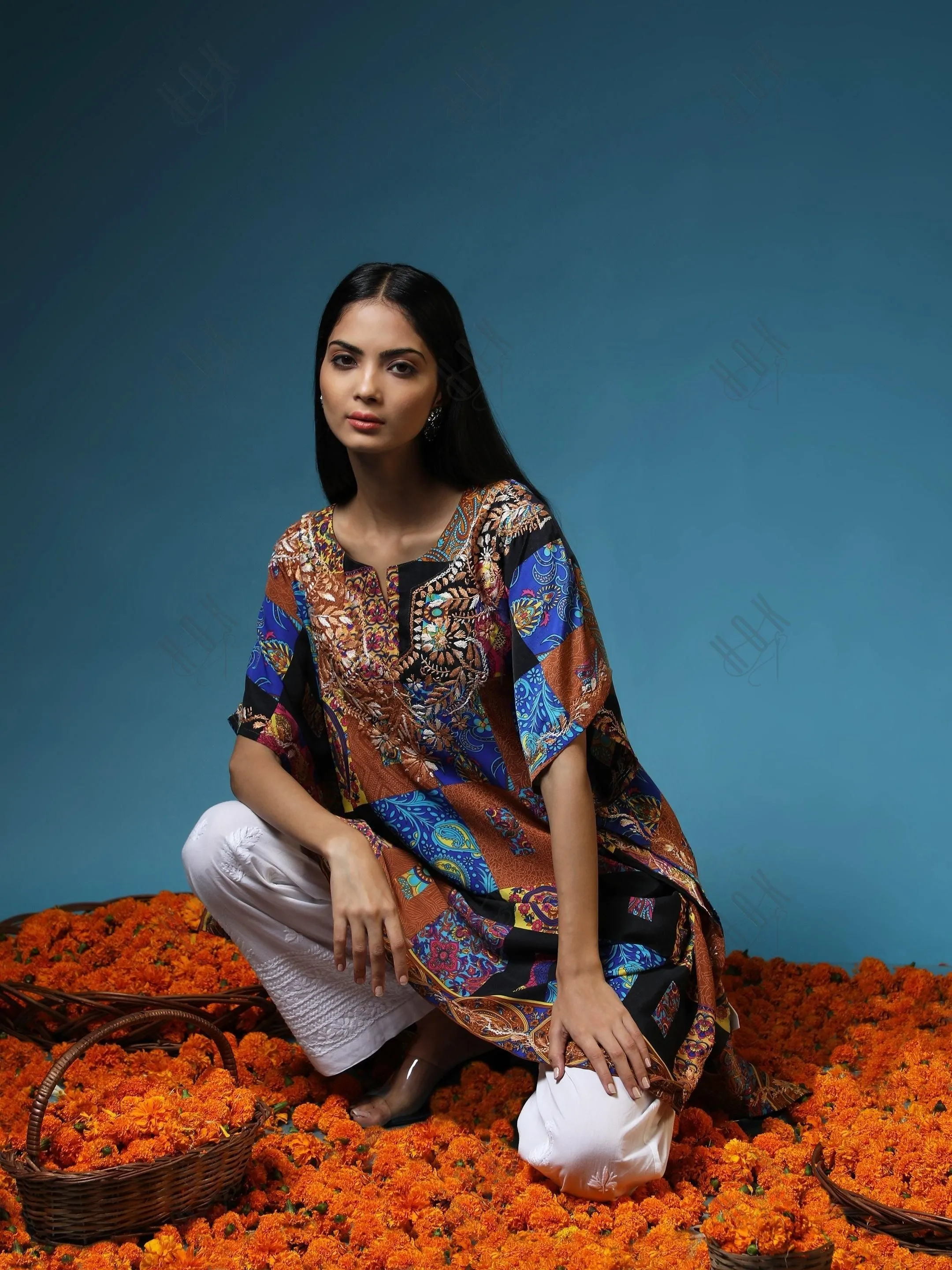 Premium Hand Embroidery Chikankari PolySilk Kaftan Topwear for Women