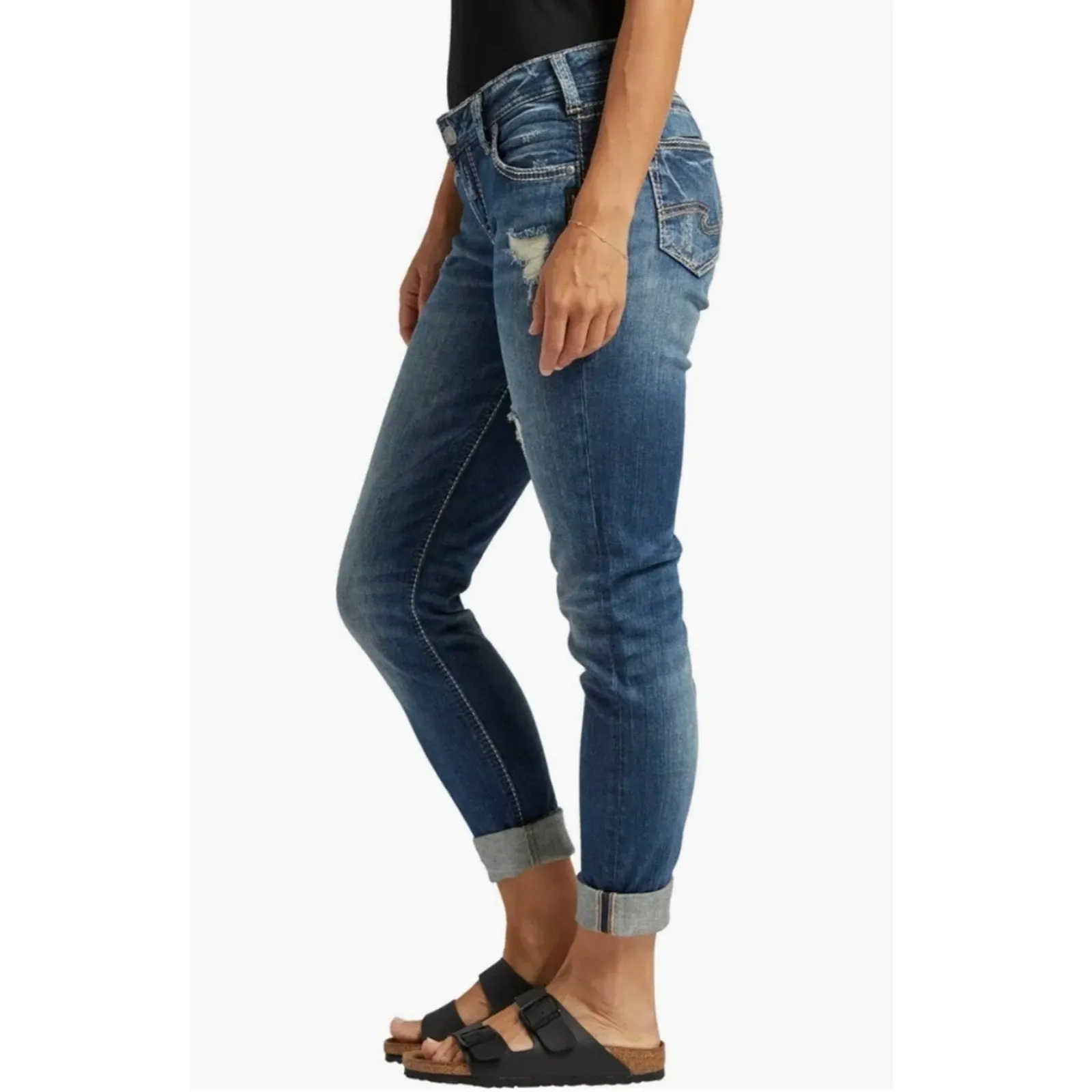 Silver Jeans Girlfriend Midrise Distressed Jeans 33