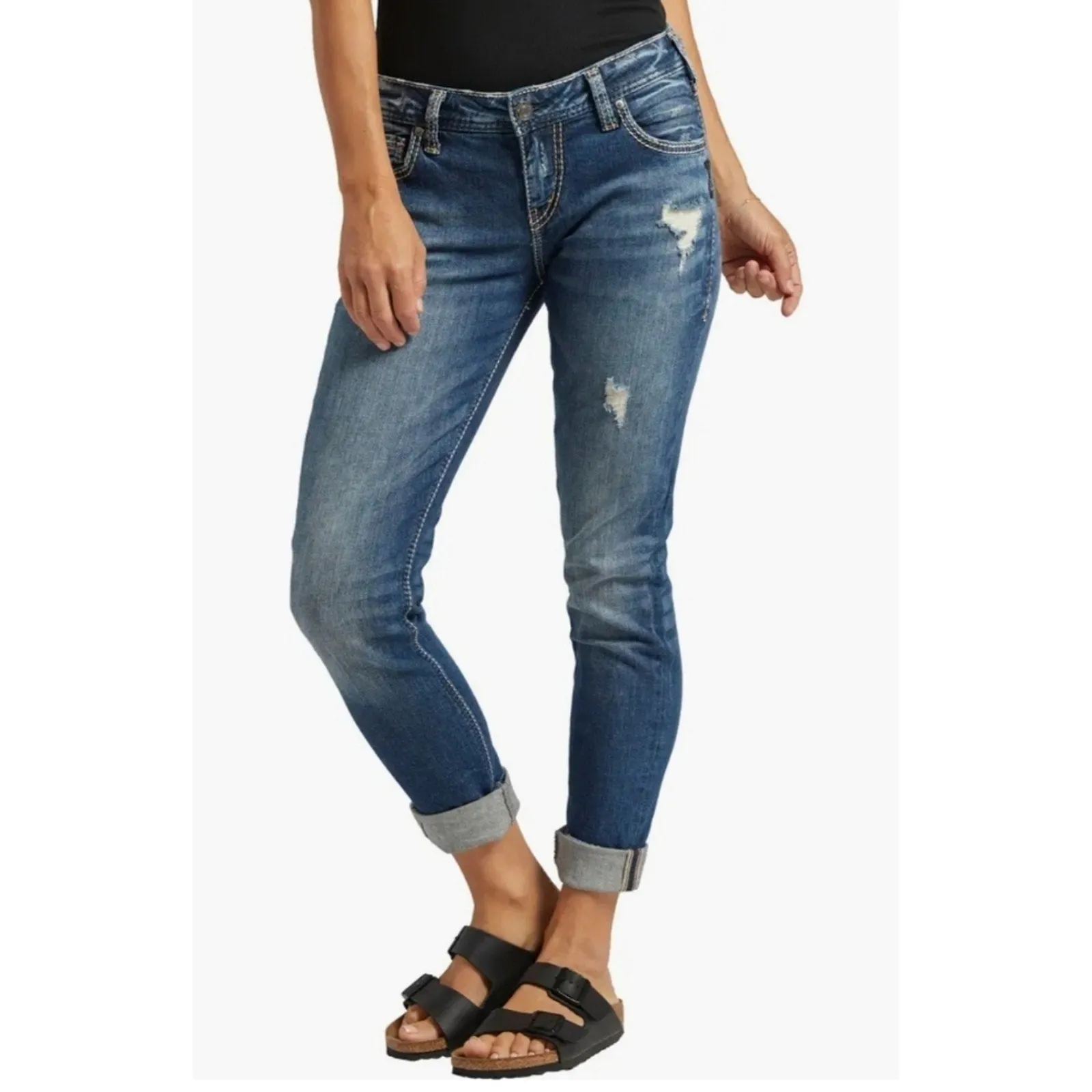 Silver Jeans Girlfriend Midrise Distressed Jeans 33